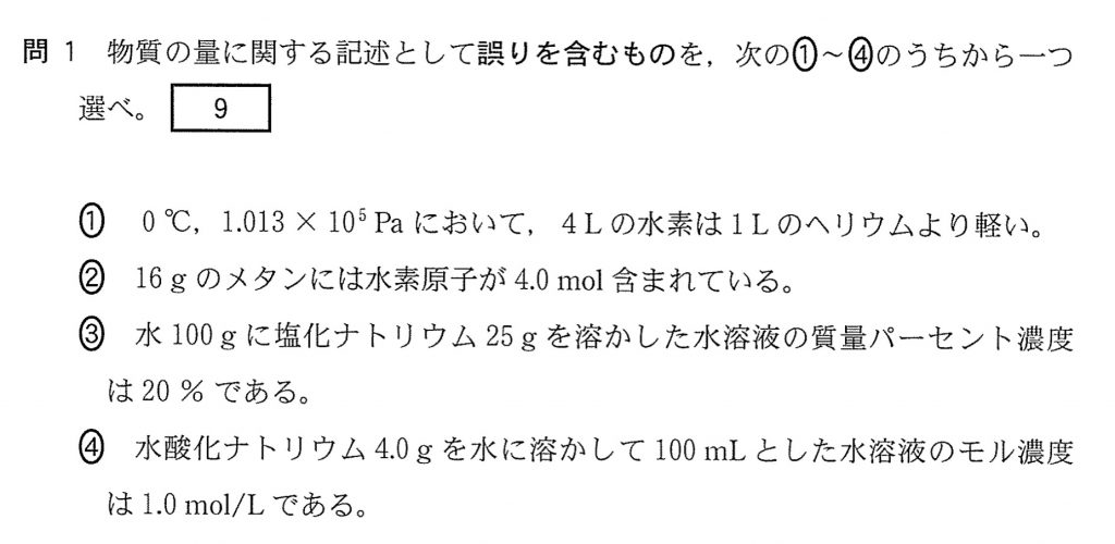 センター過去問化学基礎2017第2問問2